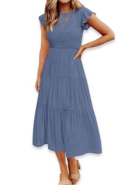 ZESICA FLUTTER SHORT SLEEVE SMOCKED TIERED MIDI DRESS SIZE S